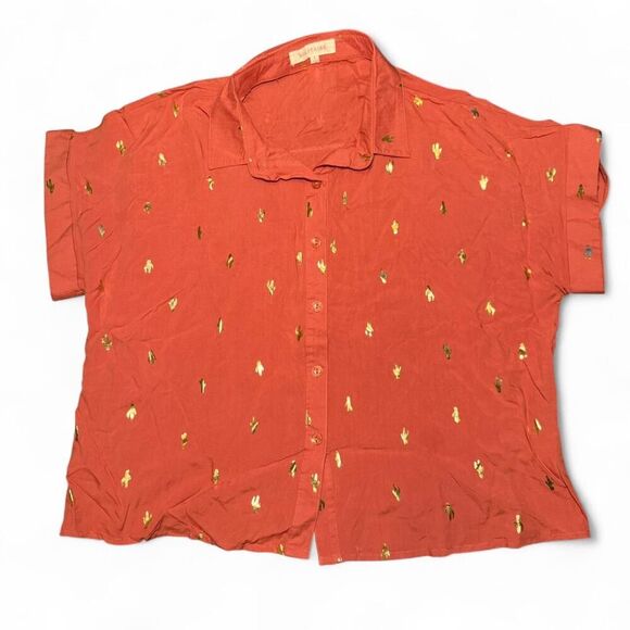 Solitaire women’s orange cropped boxy button-up shirt with gold cactus sz Large - Picture 1 of 5